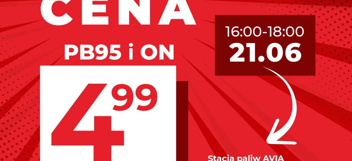 Promocja na paliwo na stacji paliw AVIA przy Czechowskiej 19A w Lublinie. Tylko 21.06.2024 od 16:00 do 18:00 dla paliwa PB95 i ON, maksymalnie 50 litrów na klienta. Oferta nie łączy się z innymi promocjami. Stacje franczyzowe mogą mieć własne ceny, nie wyższe niż podane.
