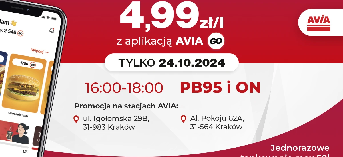 Zrzut ekranu z promocją na cheeseburgera na stacjach benzynowych AVIA w Krakowie. Specjalna cena 4,99 zł/1 przy użyciu aplikacji AVIA GO dnia 24.10.2024 od 16:00 do 18:00. Oferta ograniczona czasowo, nie przegap!