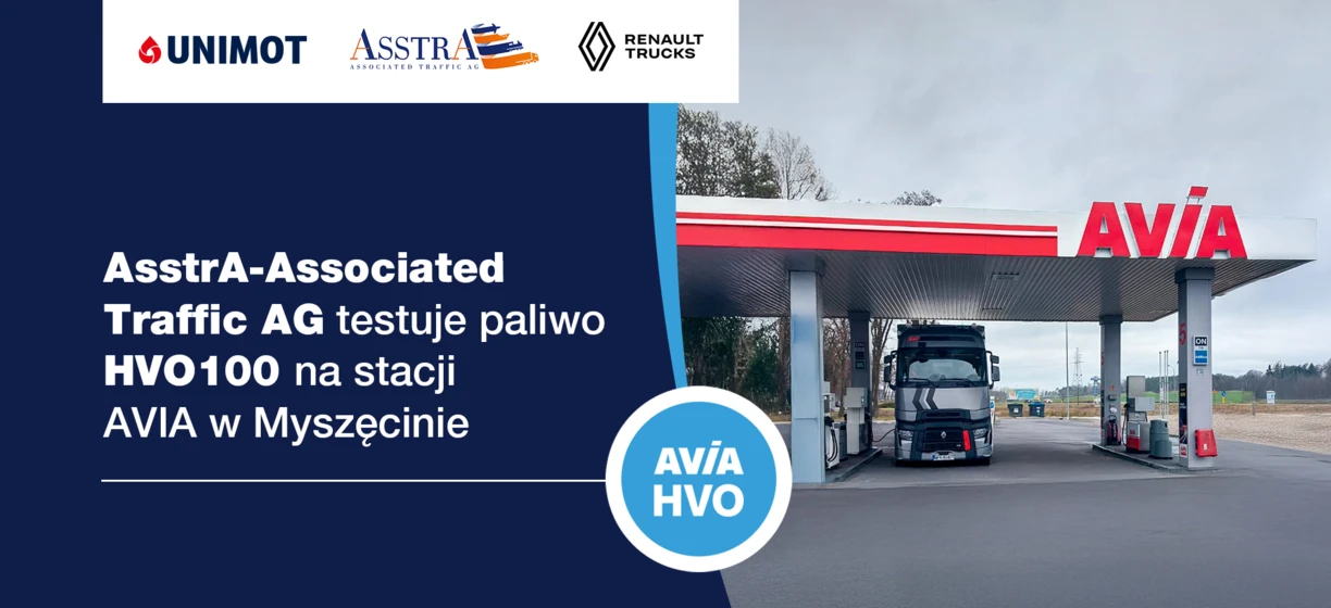AsstrA-Associated Traffic AG testuje paliwo HVO100 na stacji AVIA w Myszęcinie. Renault Trucks współpracuje z UNIMOT ASSTRA w celu zrównoważonej reklamy.