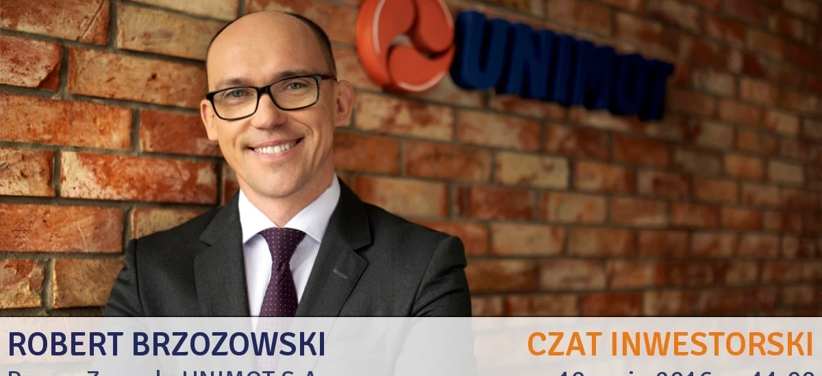 Obraz przedstawiający biznesmena w stroju pracownika biurowego z logiem firmy na jego koszuli. Tekst wspomina o rozmowie inwestorskiej szefa UNIMOT S.A. 19 maja 2016 r. o godzinie 11:00.