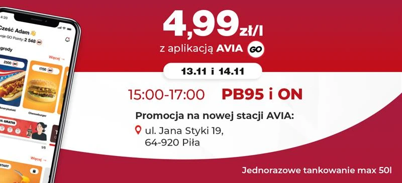 Reklama promująca aplikację AVIA GO: Zatankuj za 20:20 i odbierz darmowy prezent na naszej nowej stacji w Pile. Oferta ograniczona czasowo, nie przegap! #AVIAGO #Piła #Promocja.