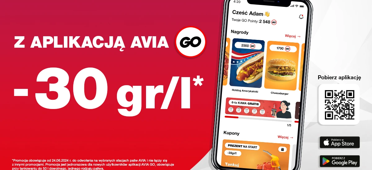 Zrzut ekranu z aplikacji AVIA GO z promocyjną ofertą na produkty fast foodowe, takie jak amerykańskie hotdogi i cheeseburgery. Pobierz aplikację, aby skorzystać z rabatów na paliwo i darmowej kawy przy każdym zakupie. Oferta ważna tylko dla nowych użytkowników.