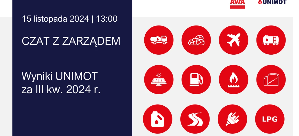 Czerwony zrzut ekranu z grafiką projektu z polskim tekstem "15 listopada 2024 | 13:00 CZAT Z ZARZĄDEM Wyniki UNIMOT" zgodnie z zasadami optymalizacji SEO.