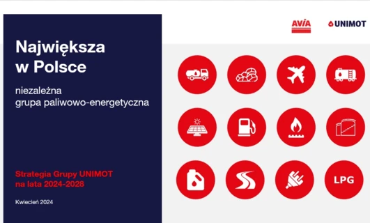 Screenshot of graphic design showing the strategy of UNIMOT, the largest independent fuel and energy group in Poland for 2024-2028. Red and bold text reads "Największa w Polsce niezależna grupa paliwowo-energetyczna."