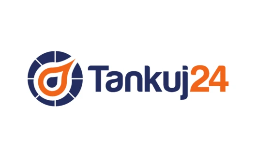 "Tankuj24 logo on advertising sign. Polish language branding for online platform. Tankuj24 stands out against a blue background."